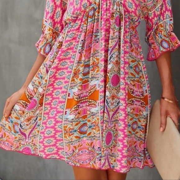 New Plunge V Neck Boho Print Mini Dress Pink Open Tie Back Coverup - Picture 5 of 8